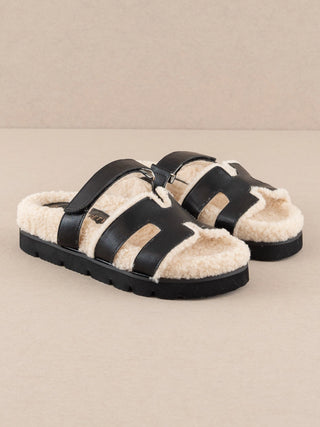 Black Faux Shearling Slides