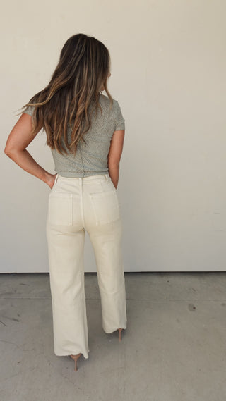 Beige High Waisted Wide-Leg Denim Pant