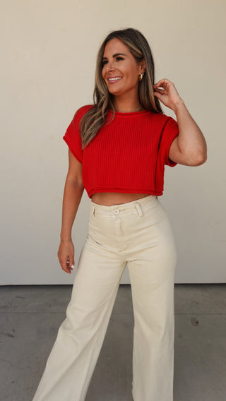 Red Cropped Rib Knit Cropped Top