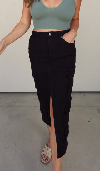 Black Denim Midi Skirt with Cargo Pockets