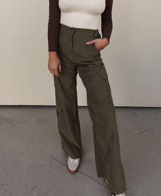 Olive Microsuede Cargo Pant with Elastic Waist