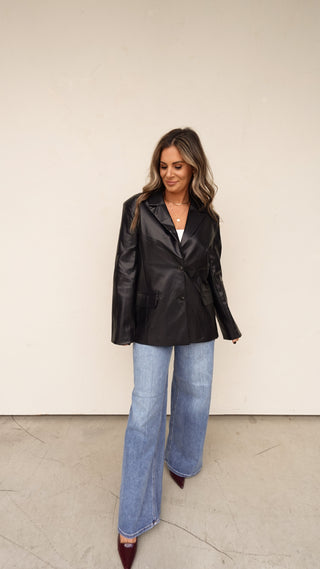 Black Faux Leather Boyfriend Blazer