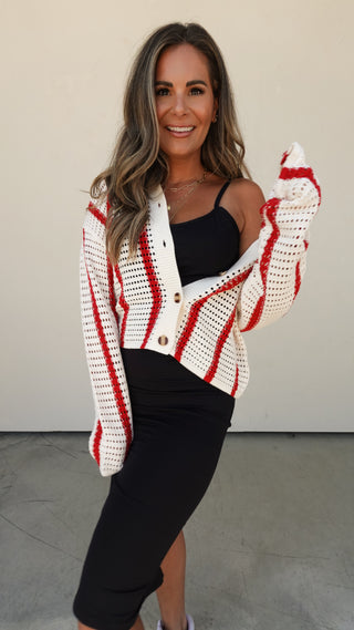 Red/Ivory Striped Crochet Button-Front Cardigan