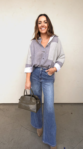 Gray Contrast Stripe Button Down Tunic