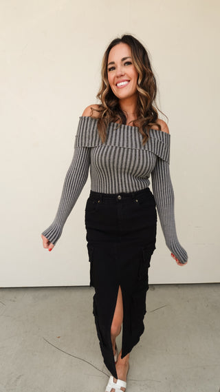 Charcoal Off-Shoulder Ribbed Knit Top