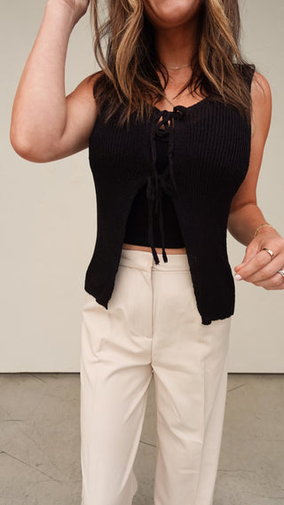 Black Knit Tie Front Open Vest