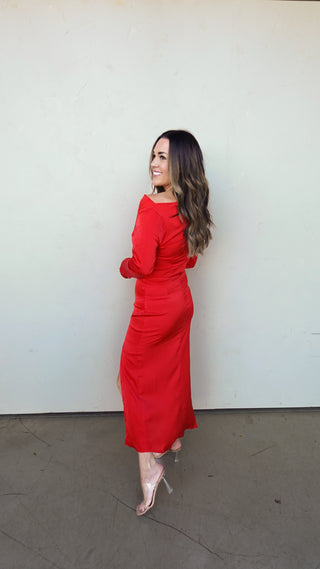 Red Long Sleeve One Shoulder Dress