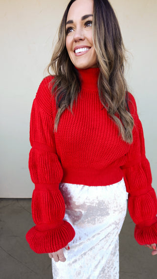 Red High-Neck Sweater with Textured Sleeve