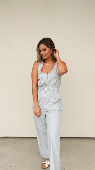 Blue/Gray Jumpsuit with Open Back