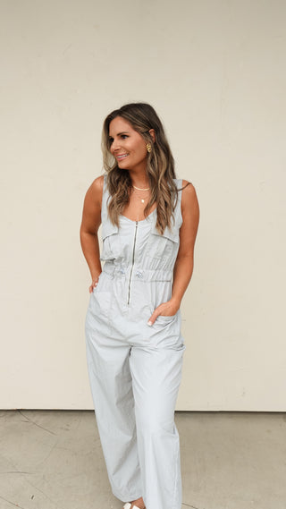 Blue/Gray Jumpsuit with Open Back