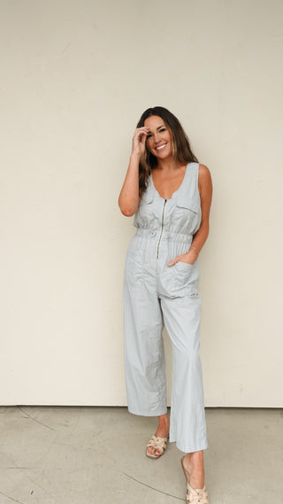 Blue/Gray Jumpsuit with Open Back