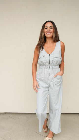 Blue/Gray Jumpsuit with Open Back