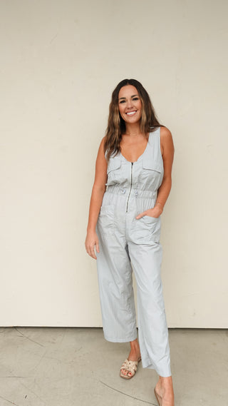 Blue/Gray Jumpsuit with Open Back