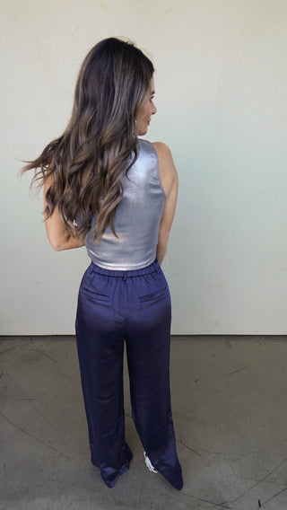 Navy Satin Elastic Waist Trouser