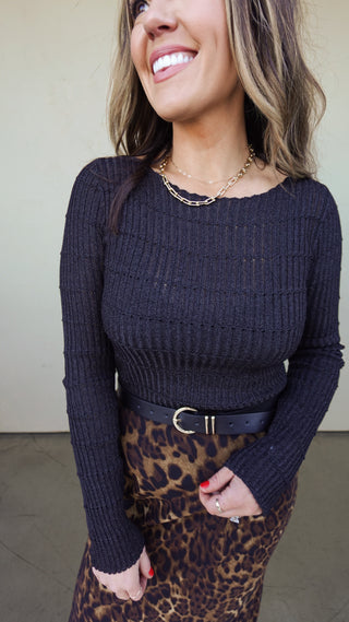 Black Metallic Ribbed Knit Top