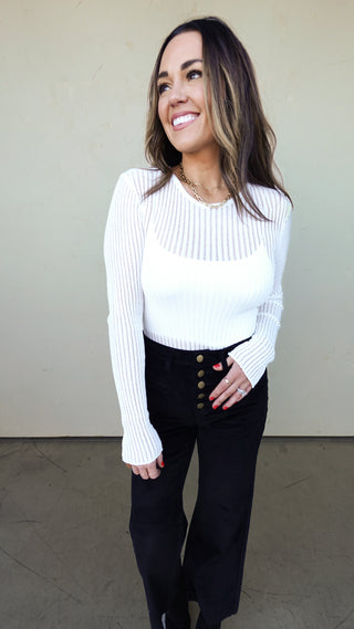 White Sheer Ribbed Long Sleeve Top