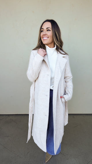 Tan Long Coat with Belted Waist