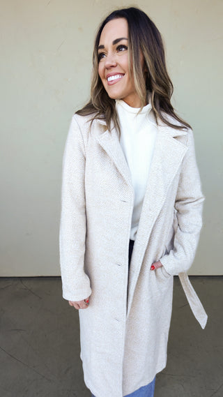 Tan Long Coat with Belted Waist