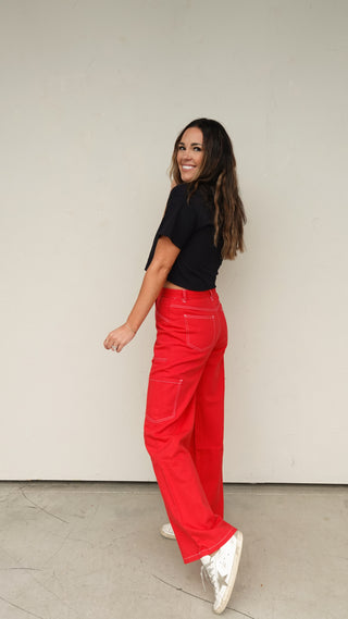 Red Cargo-Style High-Waisted Pants