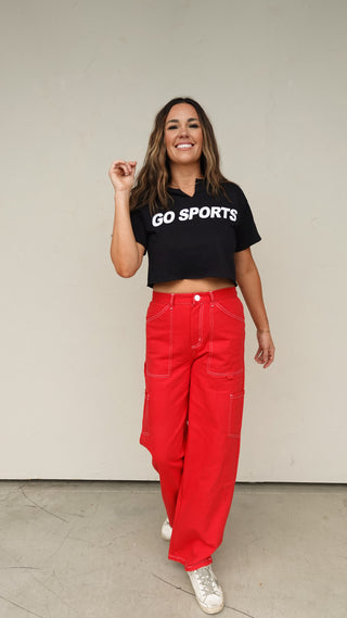 Red Cargo-Style High-Waisted Pants