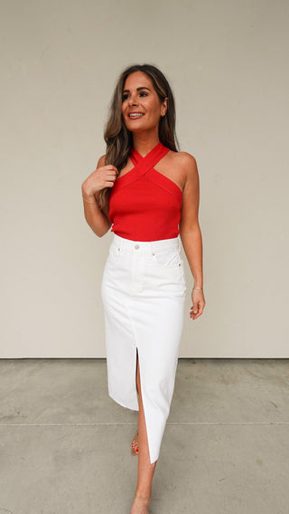 Red Ribbed Cross-Neck Halter Top