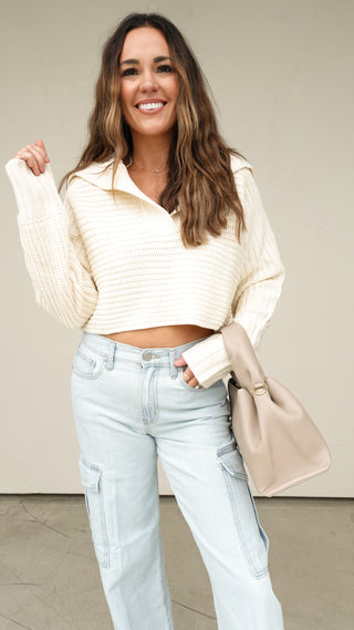 Cream Oversized Cropped Sweater with Collar