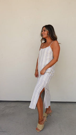 Linen Blend Striped Tie-Back Midi Dress