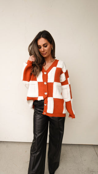 Orange Chess Knit Chunky Cardigan