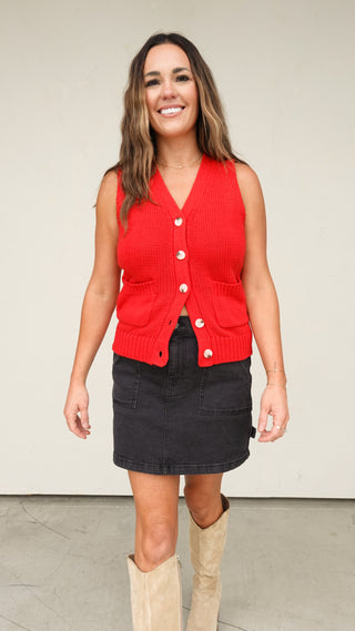 Red Knit V-Neck Sleeveless Cardigan