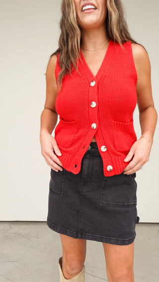 Red Knit V-Neck Sleeveless Cardigan