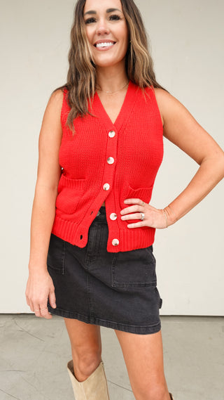 Red Knit V-Neck Sleeveless Cardigan