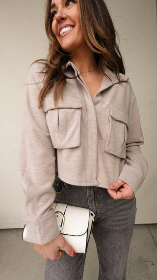 Taupe Knit Button-Down with Utility Pockets