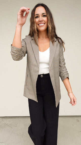 Plaid Ruched Sleeve Blazer