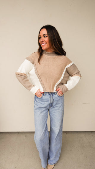 Neutral Colorblock Braided Sweater