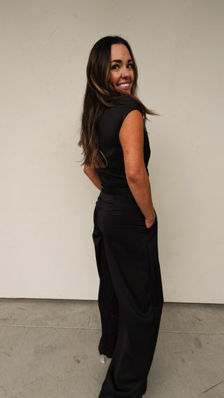 Black Satin Belted Jumpsuit