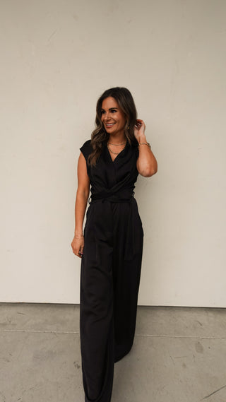 Black Satin Belted Jumpsuit