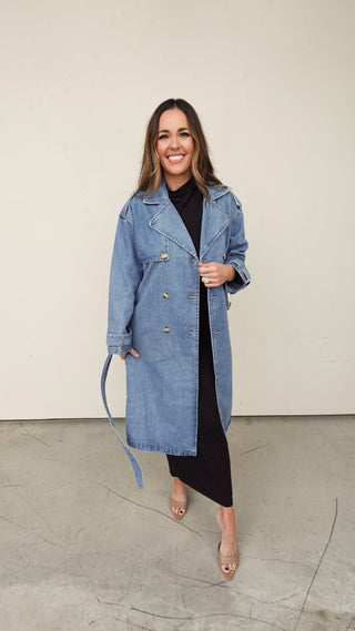 Medium Wash Denim Trench Coat