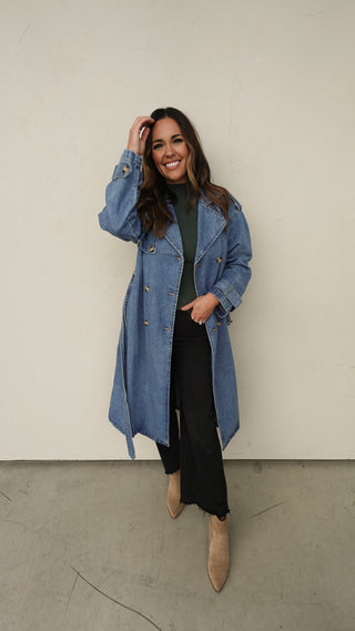 Medium Wash Denim Trench Coat