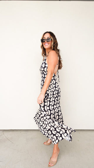Black and White Patterned Linen Maxi Dress