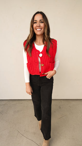 Chunky Red Knit Sleeveless Cardigan with Gold Buttons