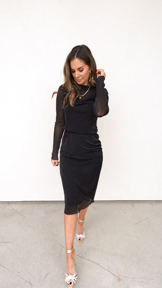 Black Shimmer Mesh Midi Dress