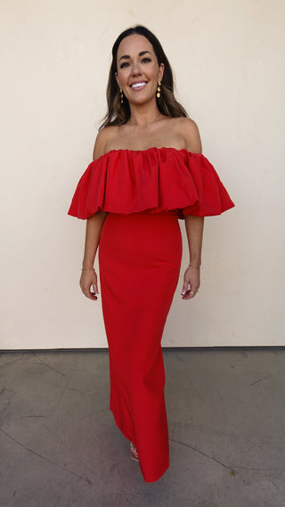 Red Off-Shoulder Ruffled Maxi Dress