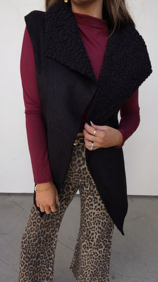 Black Faux Suede Sherpa Sweater Vest