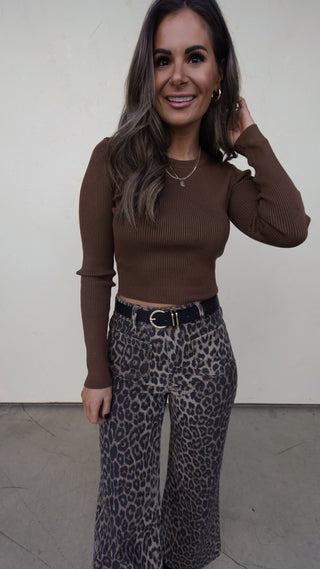 Brown Ribbed Long Sleeve Top