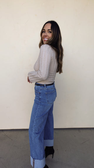 Beige Textured Wide-Sleeve Sweater