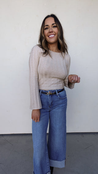 Beige Textured Wide-Sleeve Sweater