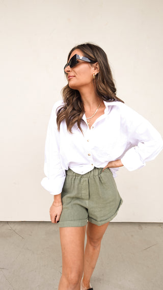 Olive Elastic Waist Linen Shorts