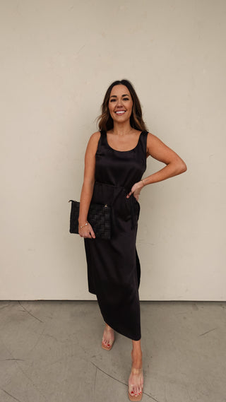 Black Belted Satin Midi Dress