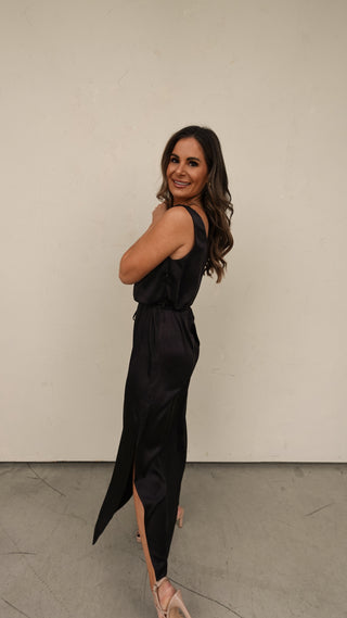 Black Belted Satin Midi Dress