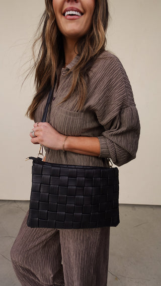 Black Woven Clutch with Crossbody Strap